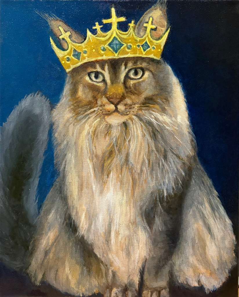 Maine Coon cat wearing a gold crown, hand-painted in oil