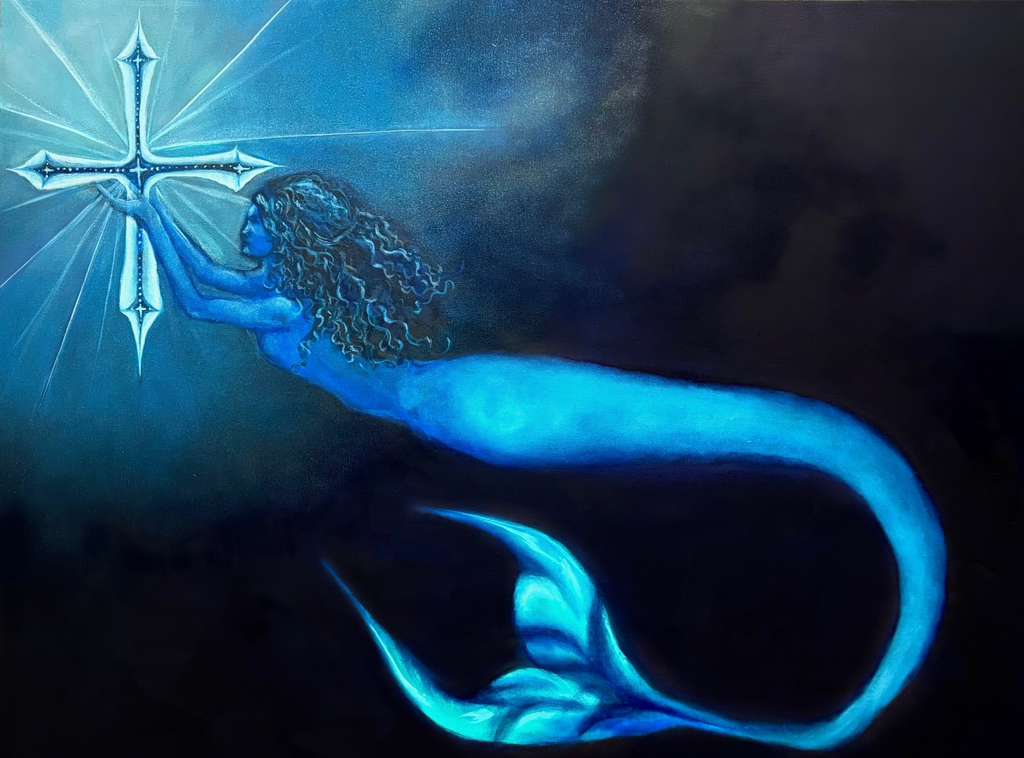Blue mermaid reaching for a glowing cross, oil on canvas