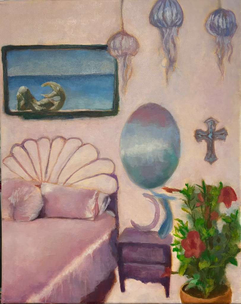 Pink bedroom oil painting with mermaid and jellyfish motifs